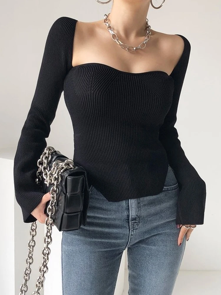 

Chic Autumn Long Sve Knitted Sweater Slim Fit Square Collar Exposing Clavicle Stri Women's Faion Commute Sle