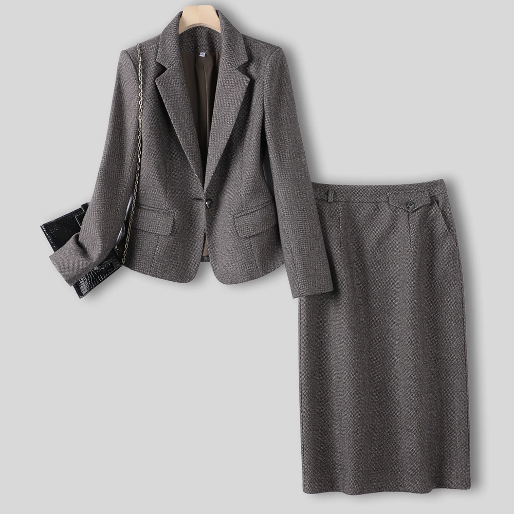 2-Piece Set Woolen Blazer and Skirt for Women,Knee Length Skirt and Jacket Suit ,Korean Formal Office Uniform for Women, Winter