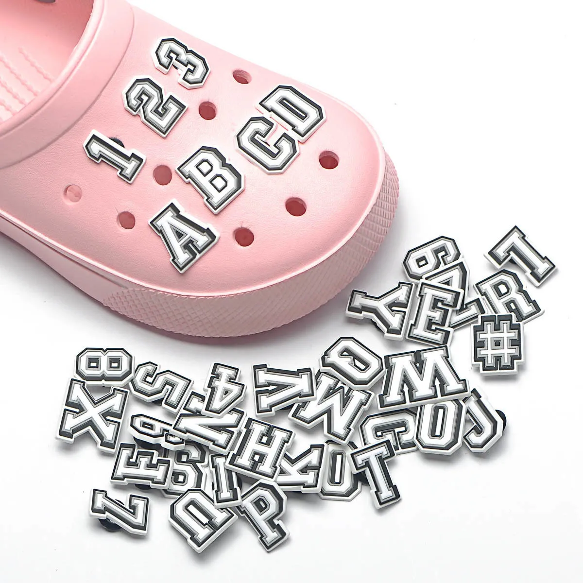 

Hot Sale White Black Alphabet Shoe Charms Cartoon A-Z And 0-9 Letter Shoe Decoration DIY Words Clog Charms Kids Adult Gifts