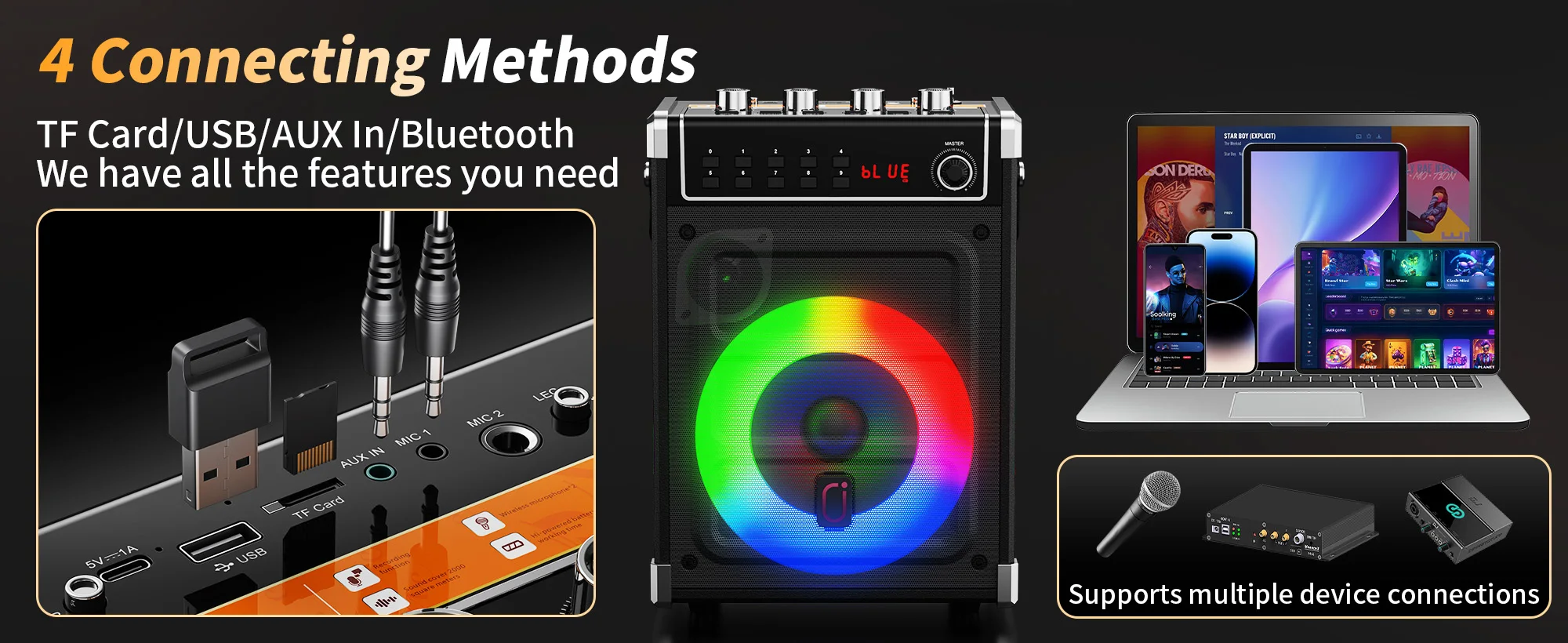 69-black Karaoke-Maschine mit 2 UHF-Funkmikrofonen, Bluetooth-Lautsprecher mit Bass-/Höhenregelung und LED-Licht, PA-System – Detail 3