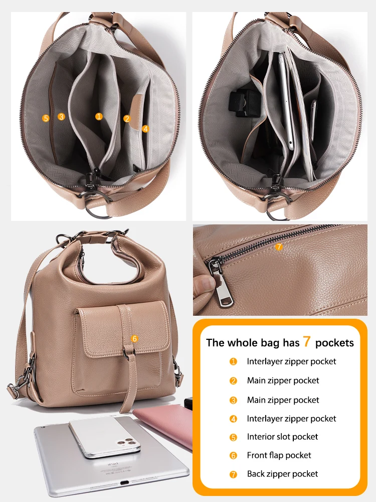 Bolsa de ombro de grande capacidade para mulheres, 100% couro genuíno, bolsa multifunções, bolsa mensageiro, mochila marrom, elegante