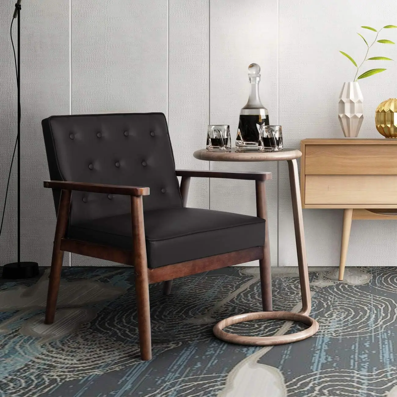 Mid-Century Retro โมเดิร์นไม้ Armrest Accent เก้าอี้,หนัง Faux Tufted กลับเบาะเก้าอี้เลานจ์,ห้องนั่งเล่น