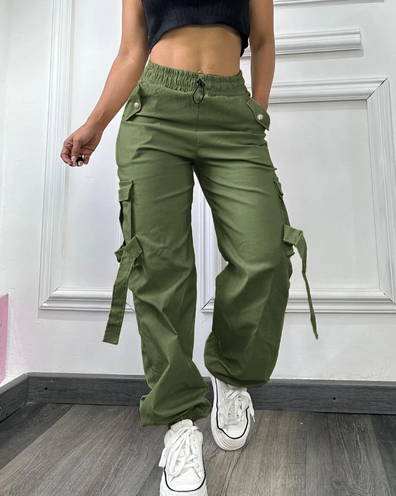 

Cargo Pants Woman 2025 Spring Plain Side Pockets High Waist Active Cargo Pants Casual Strechy Waist Straight Leg Cuffed Pants