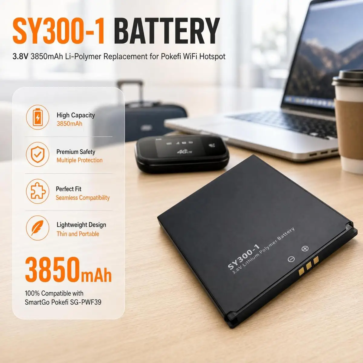 SY300-1 3.8V 3850mAh Lithium Polymer Replacement Battery for SmartGo 4G Pokefi WiFi SG-PWF39 Portable Hotspot