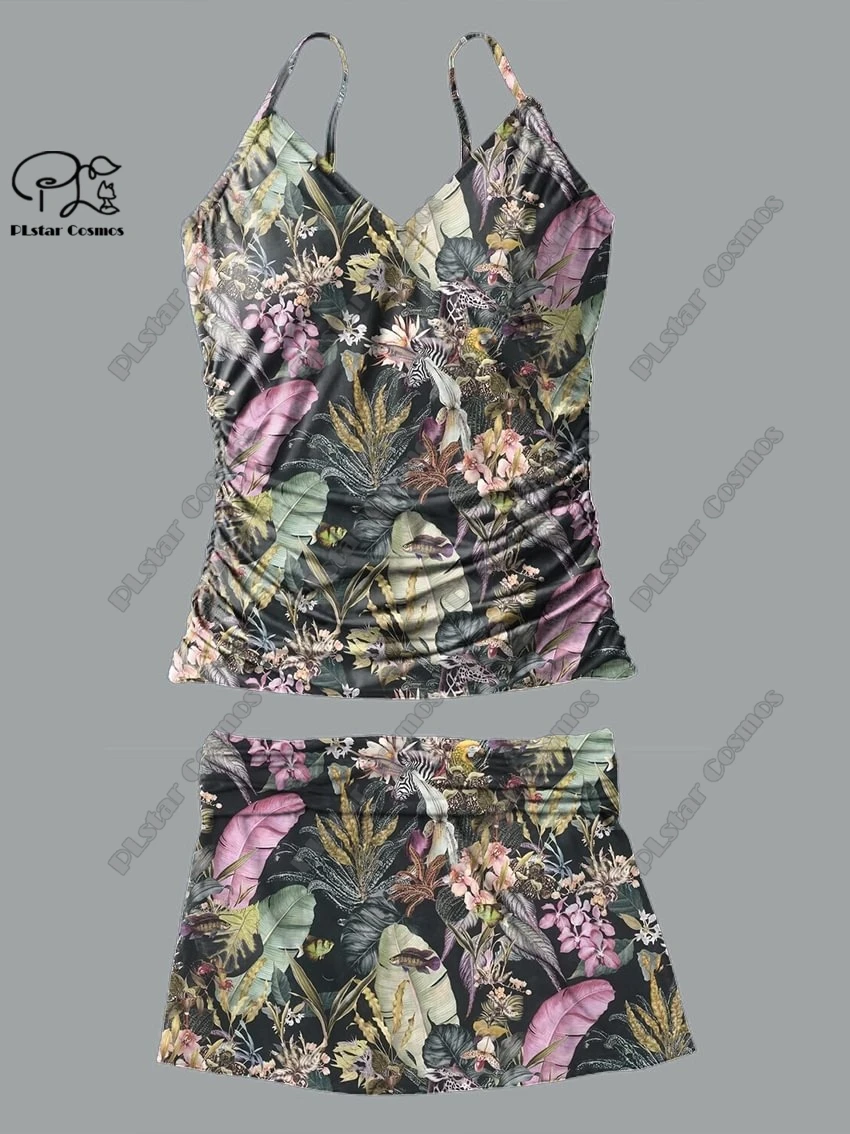 Scollo a v da donna estate piccola fresca stampa floreale animalier gonna con bretelle stile due pezzi costume da bagno vacanza nuovo costume da bagno Q-21