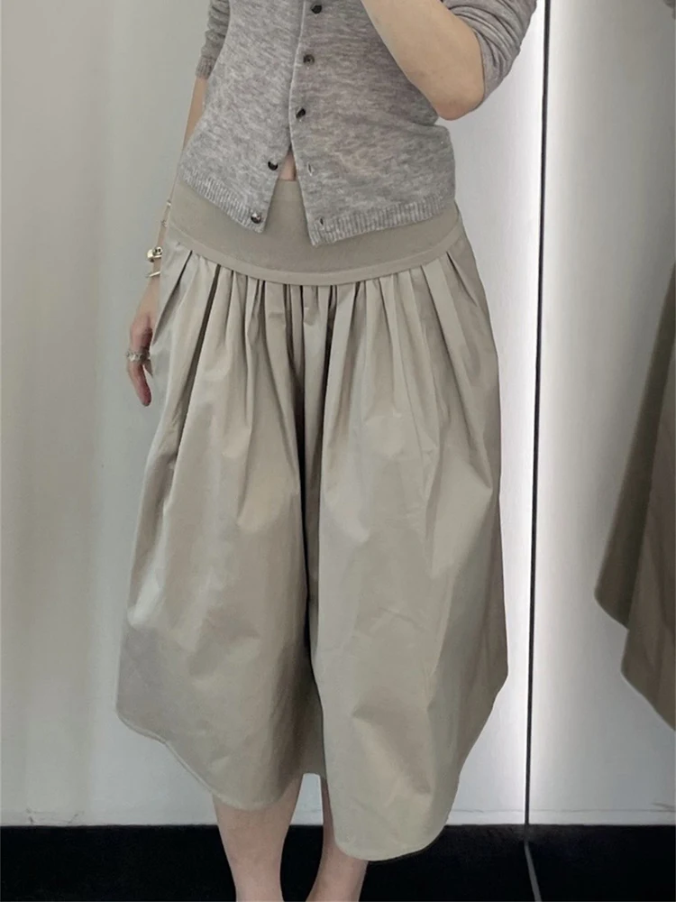 Women Wide Waistband High Waist Solid  Midi Skirt Gathered Swing A Line Skirt Casual Loose Mid Calf Skirt Spring Autumn