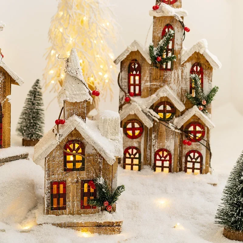 Christmas Decoration Wooden House Ornaments Luminous Christmas Building Statue Kid New Year Gifts Christmas Home Decoration