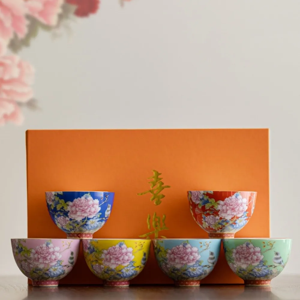

6pcs/set Kung Fu Tea Set Flower Tea Cup 65ml Chinese Style Ceramic Cup Traditional Vintage Enamel Cup Gift Giving
