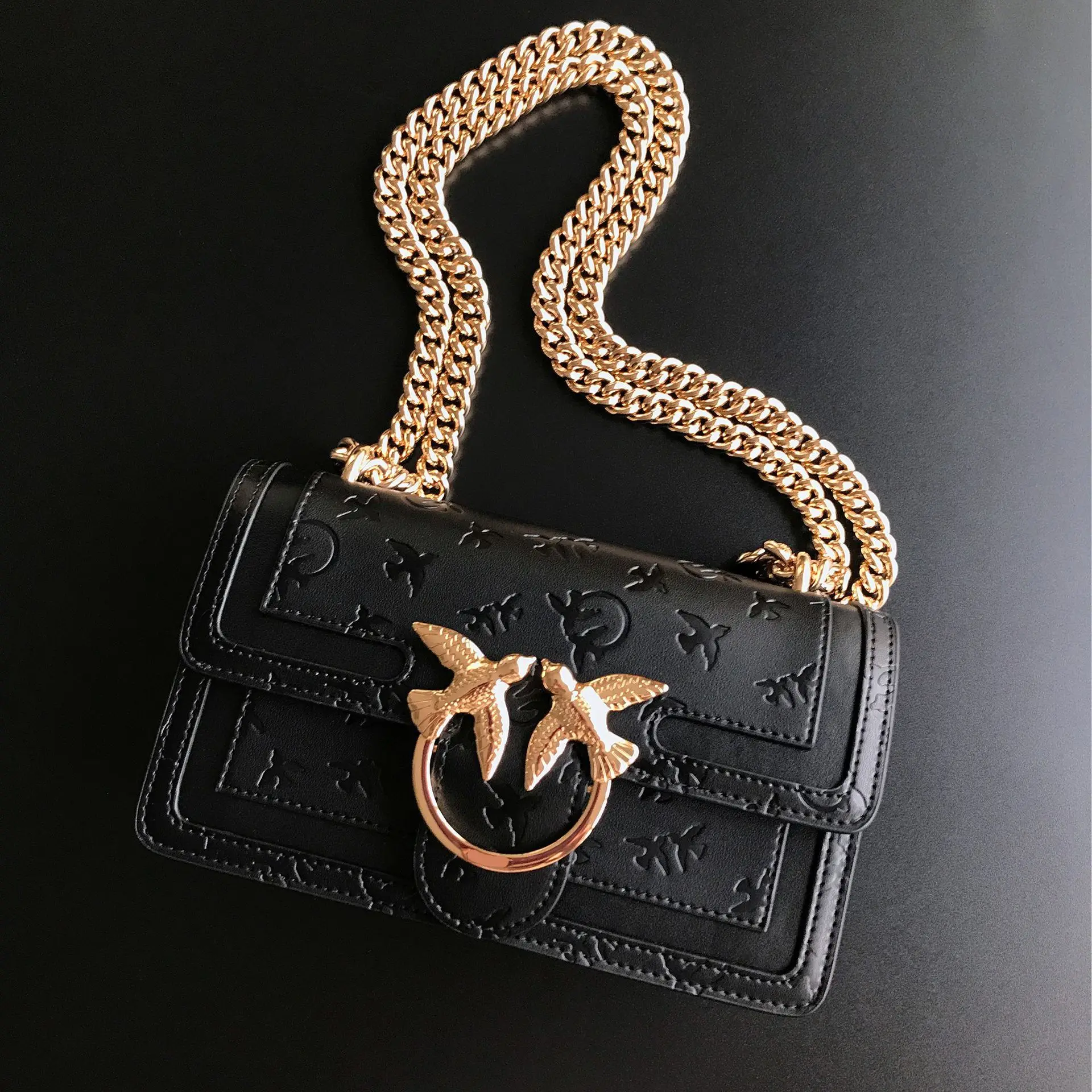 New arrivalpinko same style genuine leather high quality embossed chain swallow bag shoulder crossbody armpit women's bag