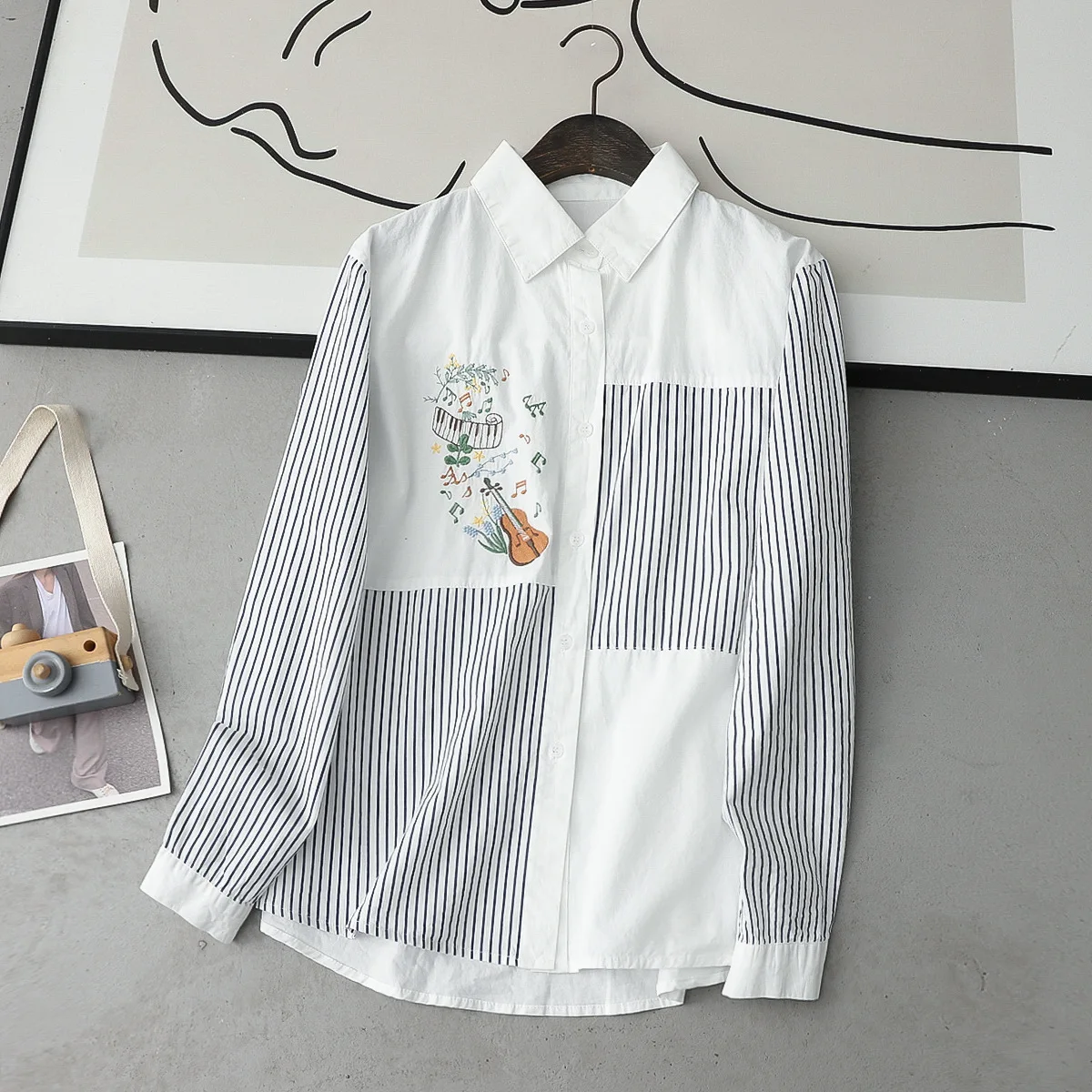 100% Cotton Yarn Blouses Women 2024 Japan Style Music Notes Embroidery Blouses Long Sleeve Striped Patchwork Office Shirt Tops