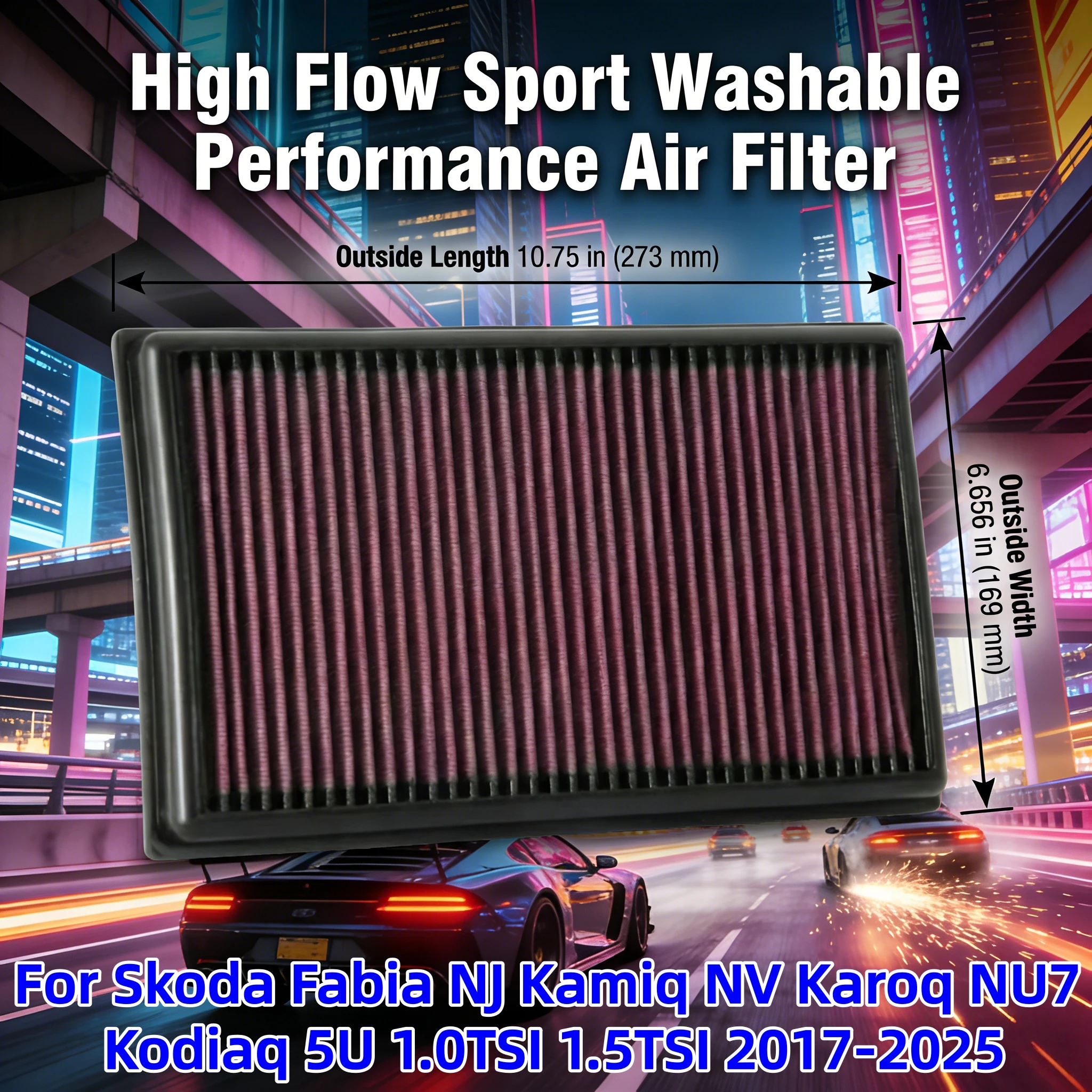 

For Skoda Fabia NJ Kamiq NV Karoq NU7 Kodiaq 5U 1.0TSI 1.5TSI 2017-2025 High Flow Sport Washable Performance Air Filter 33-3111
