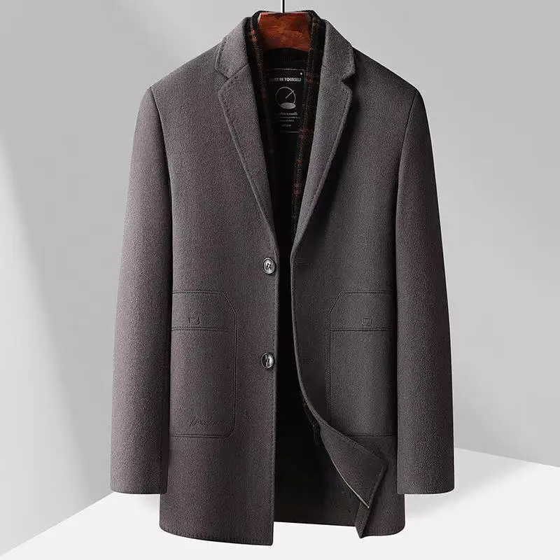 

2024, новое зимнее мужское шерстяное пальто среднего и длинного цвета с толстым бархатом и теплым повседневным пальто, съемный шарф