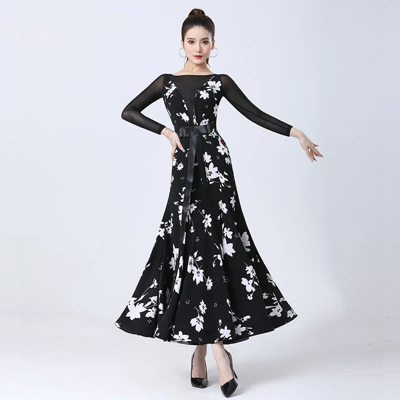 2025 New Ballroom Dance Costumes Competition Dress Modern Dance Women Print Mesh Dress National Standard Dance Clothes DN20995