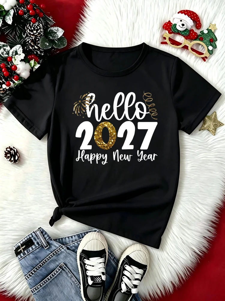 Women's Hello 2027 T Shirt Fashion Casual Happy New Year Women Tops Short Sleeve Female T-Shirt Clothes Tees