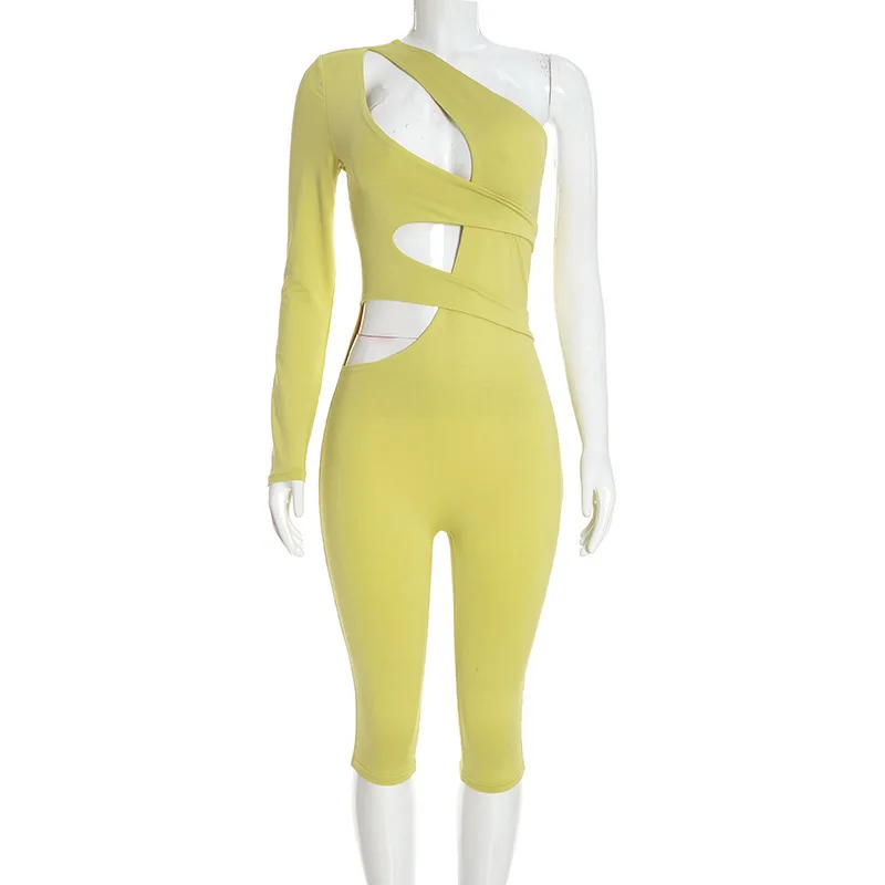 JENYAGE Damen-Jumpsuit mit einem Schulter-Ausschnitt, weich, dehnbar, einfarbig, sexy, langärmelig, asymmetrisch, figurbetont, knielang. – Detail 13