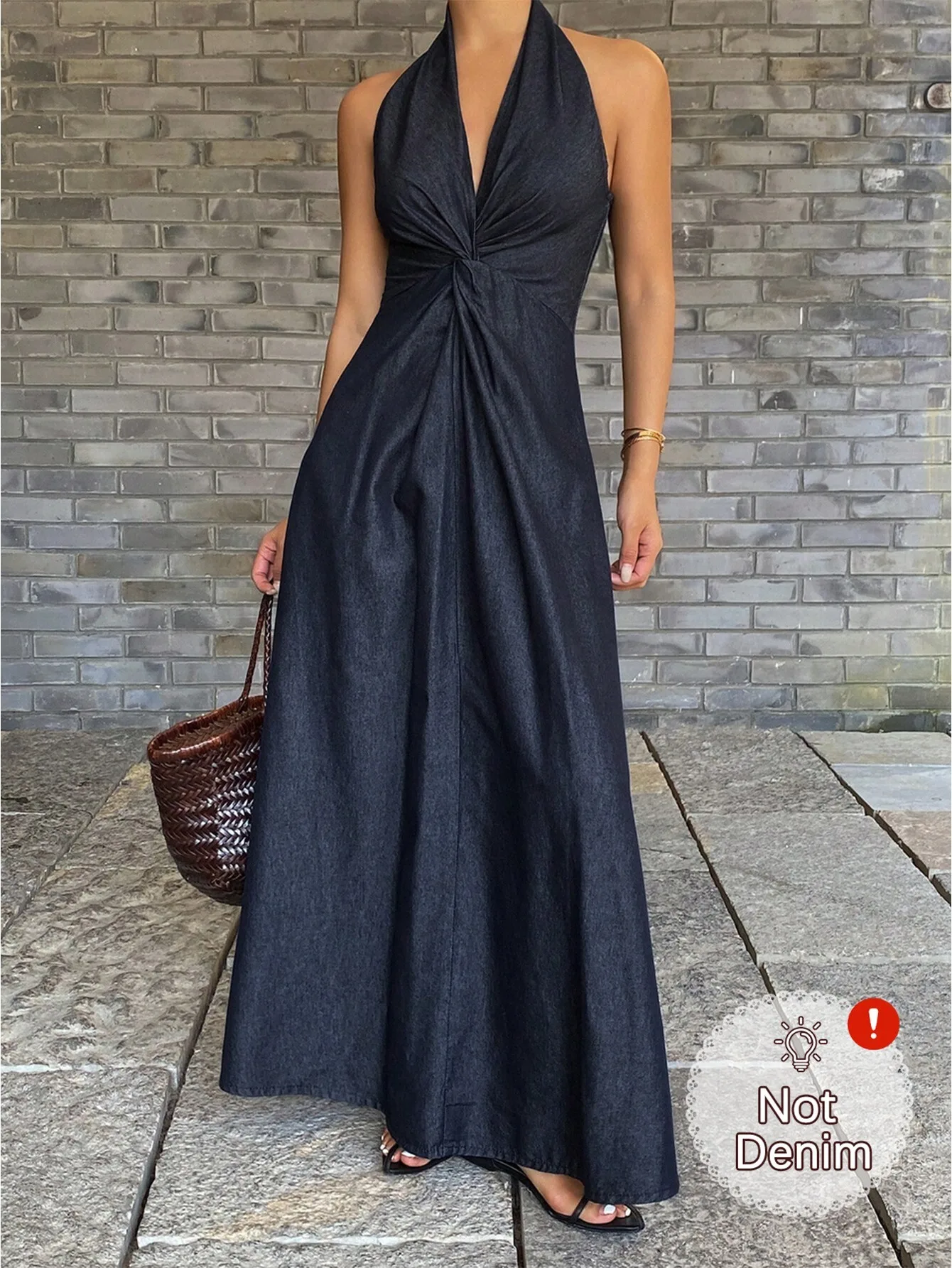 

Elegant Style Women Summer Halter V Neck Front Twist Ruched Flowy Maxi Dress