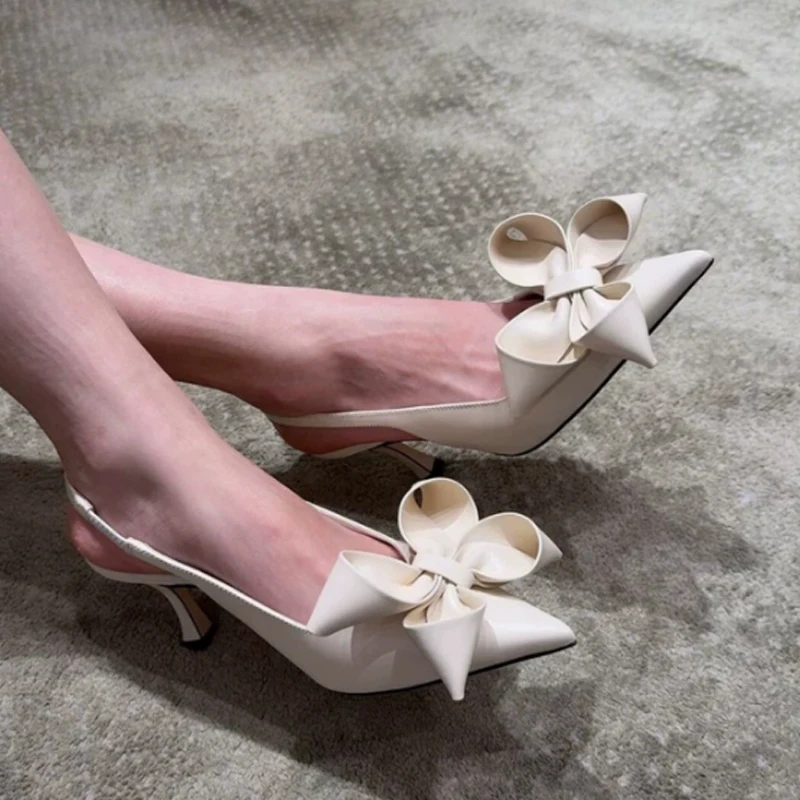 

Bow Flower Pointed Toe Slip-On Stiletto Sandals Woman Summer 2025 White Slingback Rear Strap High Heel Shoes Fashion Pumps