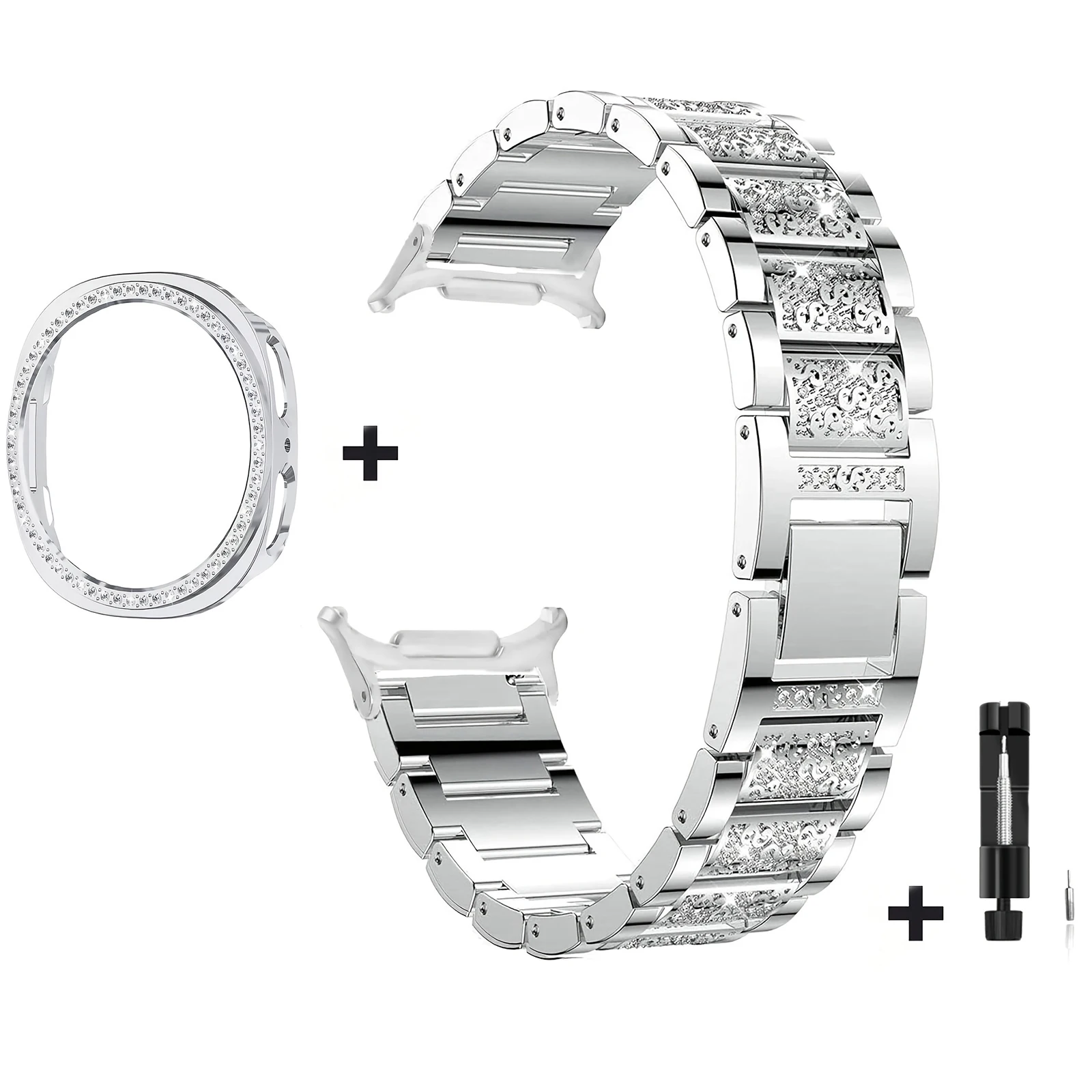 Rhinestone Watch Band for Samsung Galaxy Watch9 40mm / Watch8 40mm 3-Bead Stainless Steel Strap with Half-wrap Protective Case a