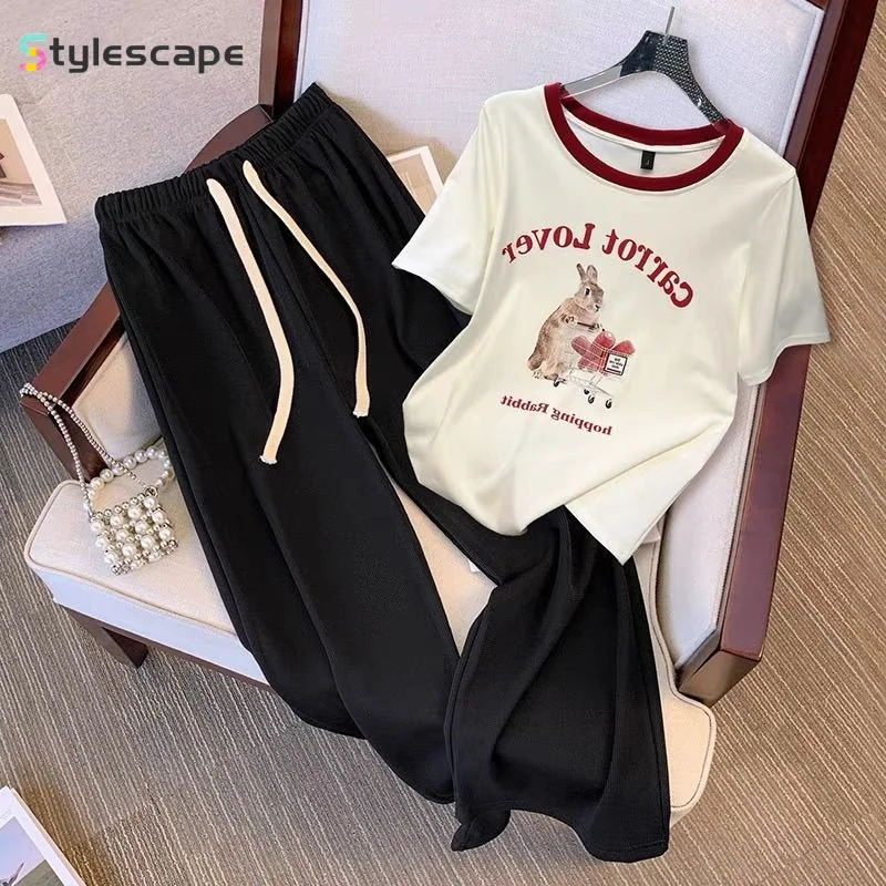 

Large Size Summer Casual Set 2024 New Contrasting Round Neck Short Sleeved T-shirt High Waisted Wide Leg Pants Two-piece Set