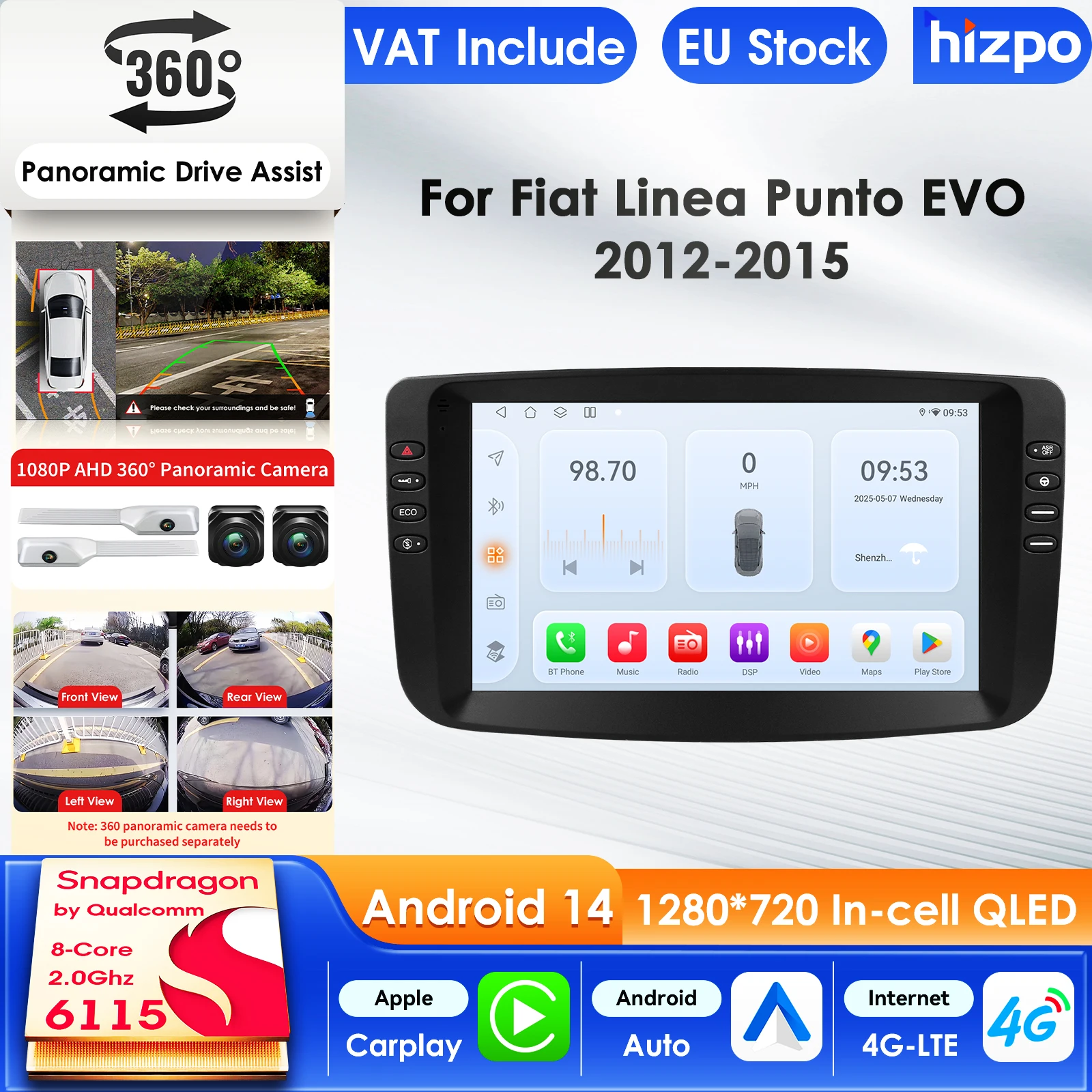 Hizpo 2 Din Autoradio für Fiat Linea 2012 - 2015 Audio Multimedia CarPlay Android Auto GPS-Player Bluetooth WIFI FM Autoradio AI 9 Zoll Intelligenter Bildschirm QLED-Display Automotive Head Unit