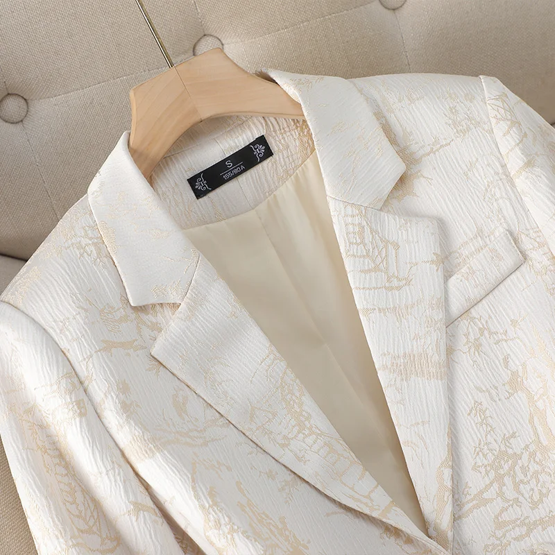 Herfst Winter Vintage Chinese Stijl Beige Print Elegante Festival Blazers Vrouwen Lange Mouw Single Breasted Jas Mode Populair