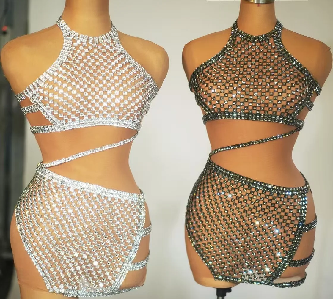 

Flashing Crystals Sexy Nude Transparent Cultivation Dress Rhinestones Outfit Singer Dancer Stage Costume Party Club VestidoMofan