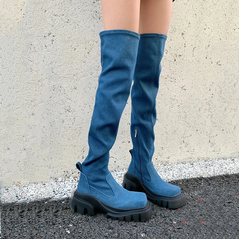 

New Over Knee Boots Square Toe Tall Elastic Boots Solid Color Denim Rider Boots For Woman