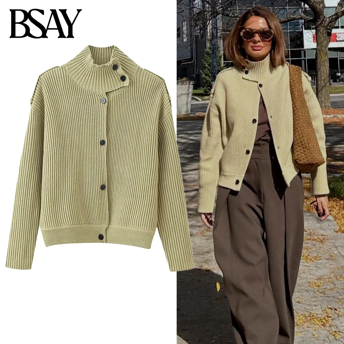 

BSAY Turtleneck Knitted Cardigan Sweater Coat for Women Fashion Autumn Winter Solid Long Sleeves Single Breasted Top Jacket