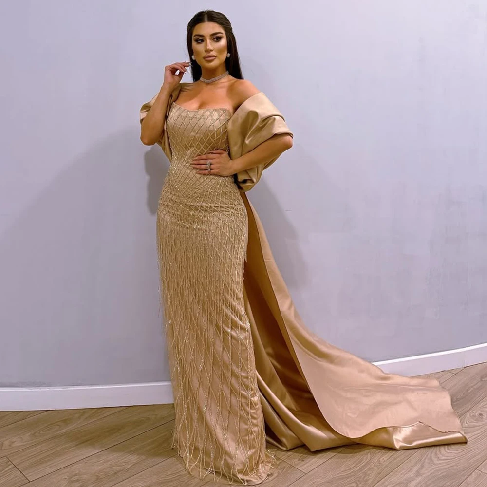 

Alinovia Elegant Dubai Mermaid Evening Dress for Women Satin Shawl Beaded Tassel Long Formal Prom Wedding Gown Customized 2025