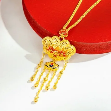 Ancient 24K gold filigree enamel double red lotus lock tassel necklace female new AU999 set of pure gold jewelry