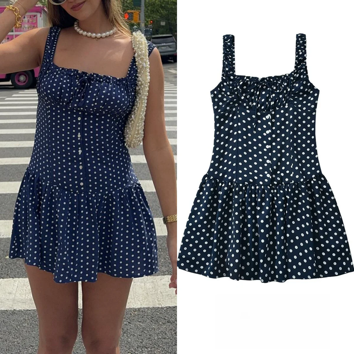 

TRAF Sexy Women's Ruffle Polka Dot Mini Dress Women's Vintage Ruffle Low Waist Tank Top 2024 Summer Dress