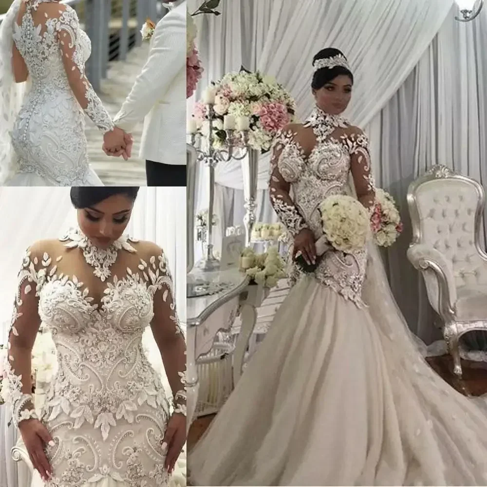 

Customized Plus Size Illusion Long Sleeve Mermaid Wedding Dresses Nigeria High Neck Full Back Dubai Arabic Castle Bridal Gown