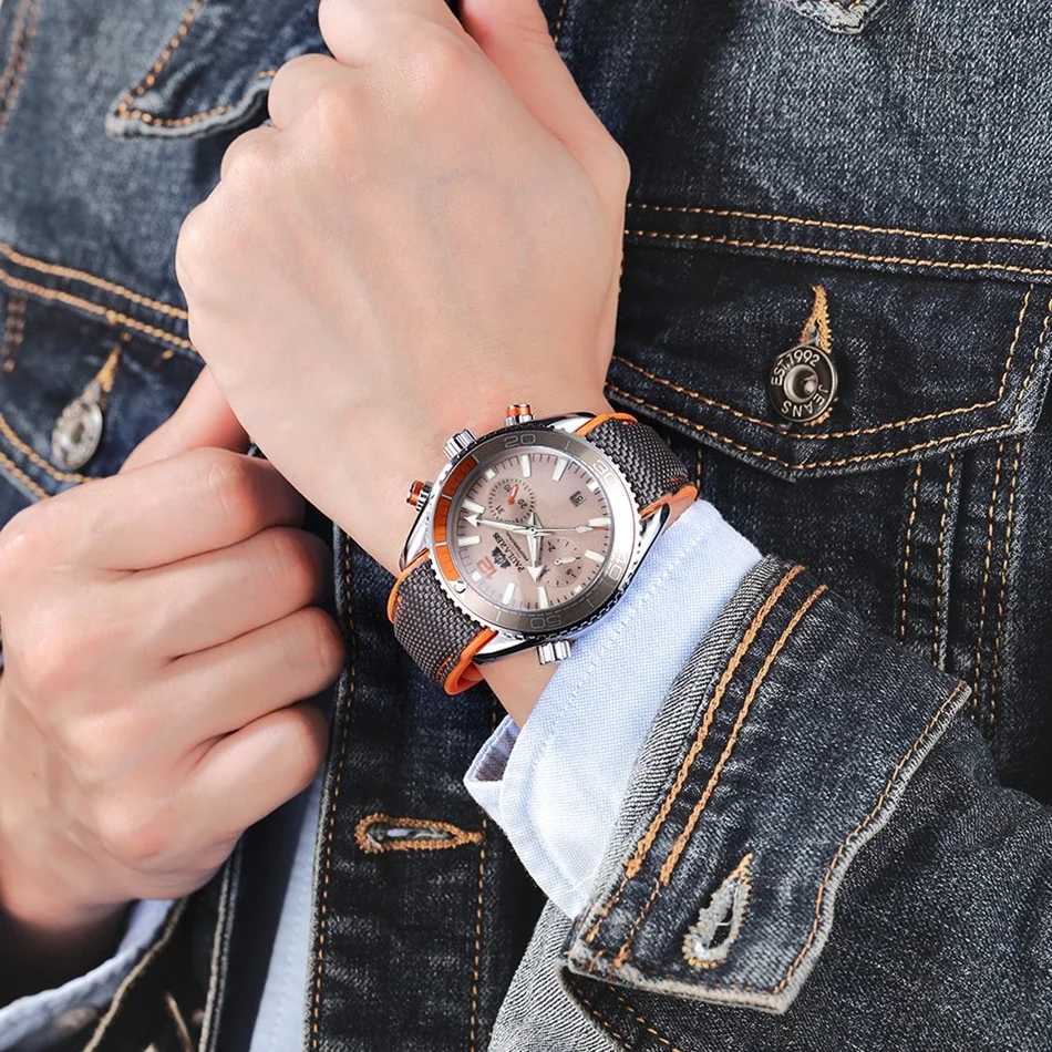 Automatic Watches for Men Mechanical Self Wind Canvas Rubber Strap Orange Blue Multifunction Date Month Reloj Hombre Baratos