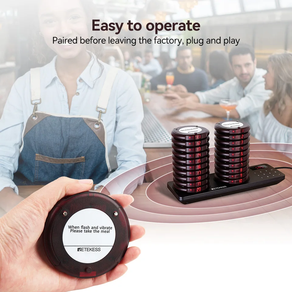 RETEKESS TD163 Restaurant-Pager Drahtloses Rufsystem mit platzsparendem Vibrationsalarm bei niedrigem Batteriestand für Food Trucks und Cafés – Detail 8