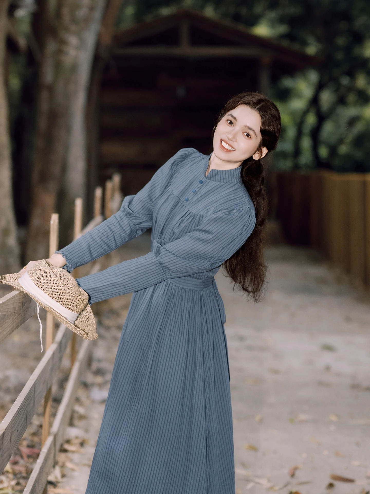 TIYIHAILEY Spring Autumn Women Blue Striped Dress Full Sleeve Long Maxi Ladies S-XL Vintage High Waist 2026 Stand Collar Linen