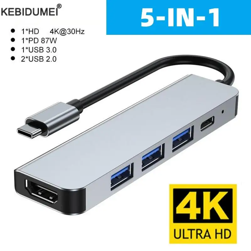 Kebidu Docking Station Type C HUB to 4K 30Hz HDMI-compatible USB 3.0 Adapter PD87W Charge for Macbook Pro Laptop Accessories