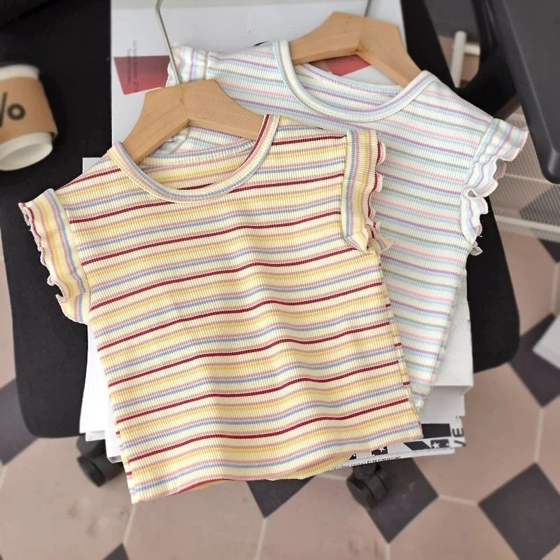 Sommer-T-Shirt für Babys und Kleinkinder, Mädchen, Eisseide, gestreift, Rundhalsausschnitt, kurze Ärmel, koreanischer Stil, modisch, lässig, Basic-T-Shirt