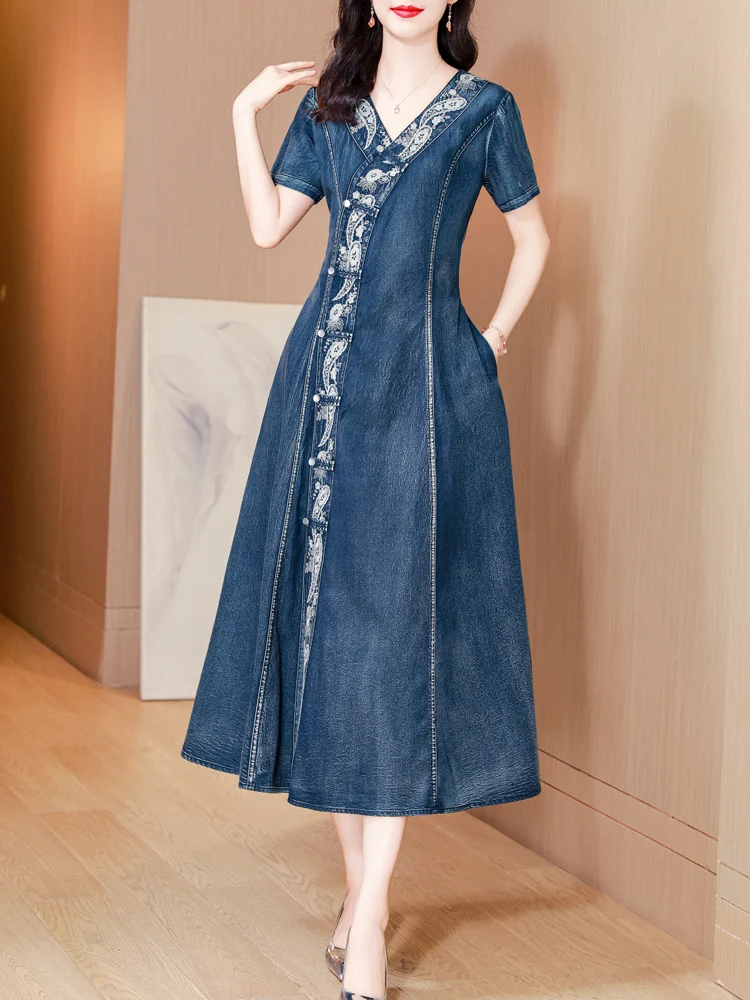 

TIYIHAILEY New Free Shipping V-Neck Single Breasted Long Mid-Calf Short Sleeve Summer Denim M-XL Chinese Style Embroidery Dress