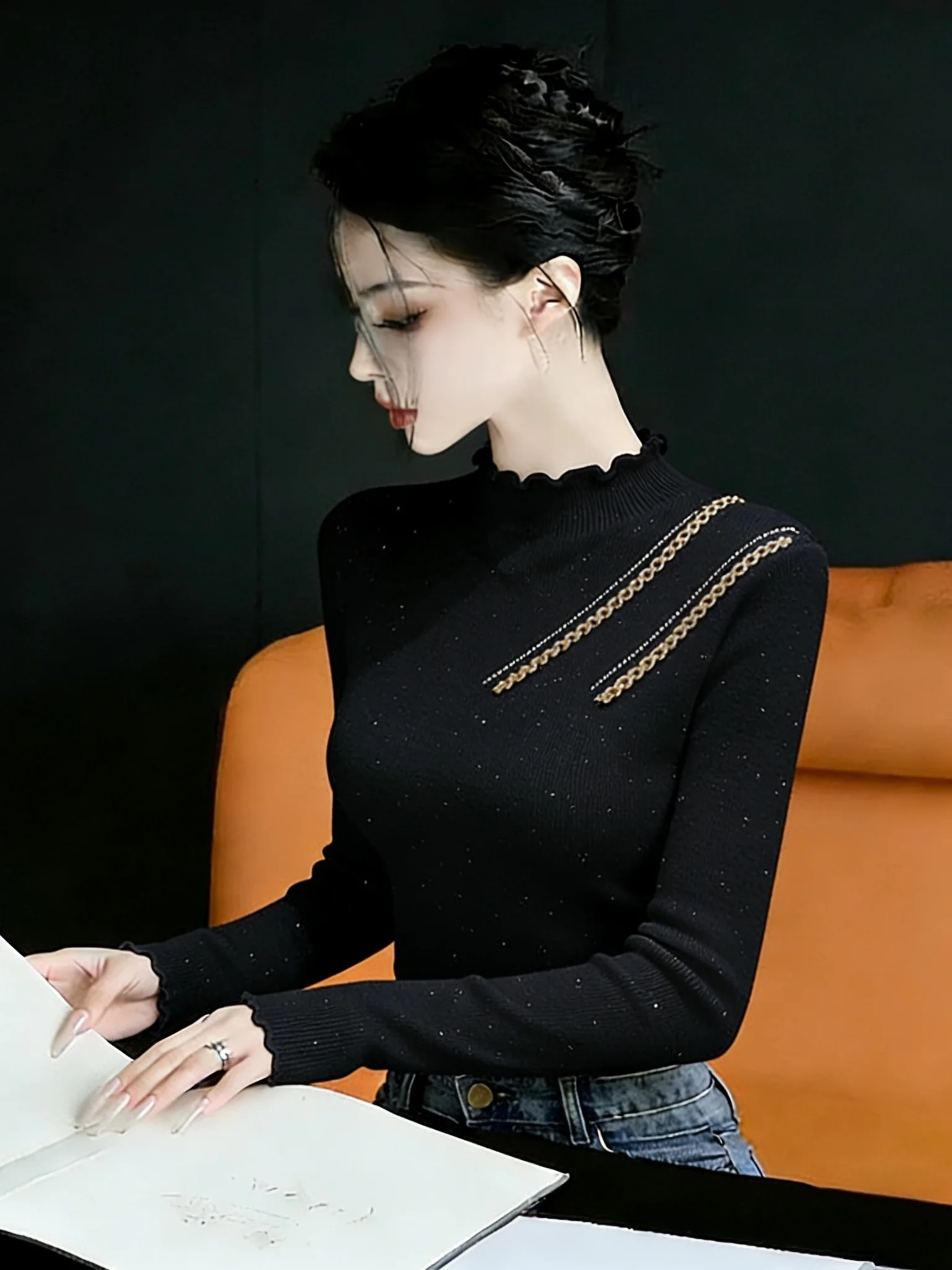 

Женский облегающий вязаный свитер с бусинами и воротником-стойкой, корейский шерстяной топ для осени и зимы, модный, стройнящий силуэт