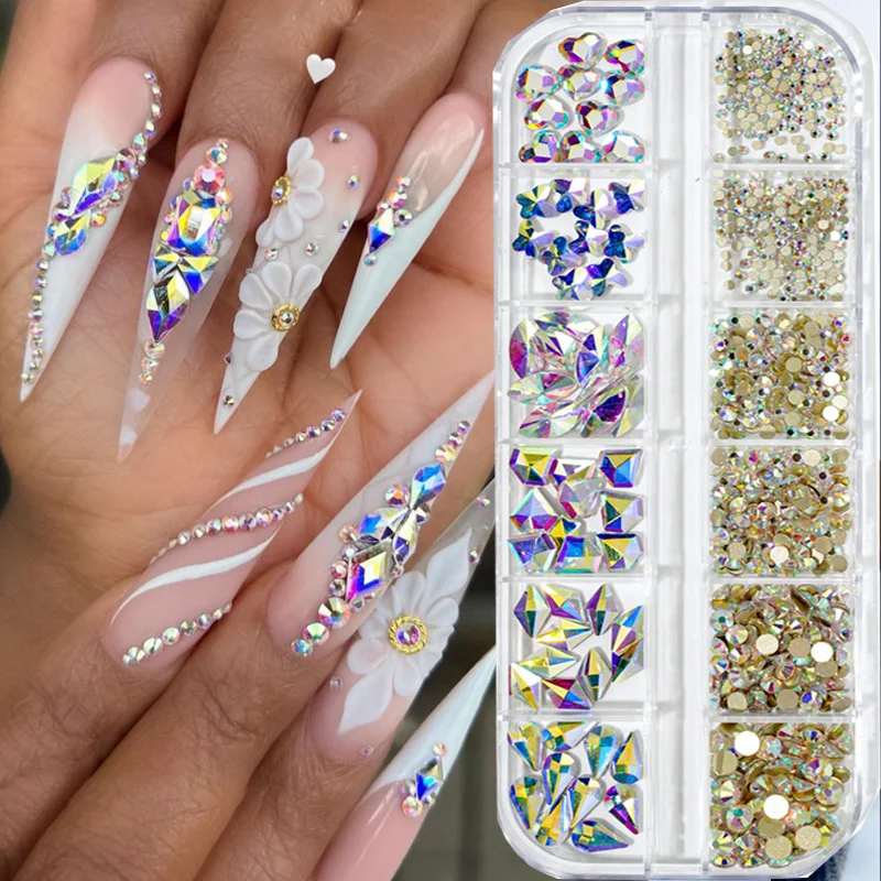 3D Nail Art Rhinestones Multi-size Crystal Flatback AB Crystal Diamonds Nail Stones Shiny Flatback Gems DIY Nail Art Decorations