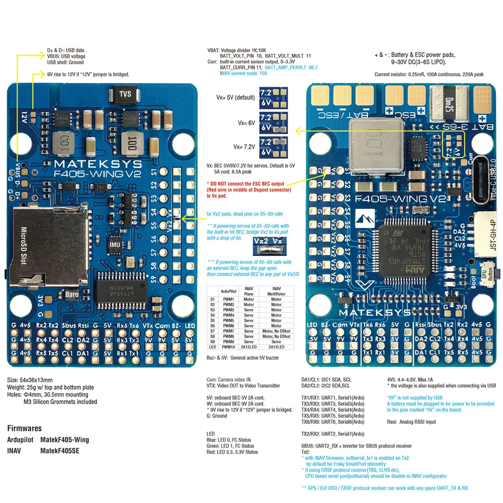 Mateksys F405-Wing V2 Flight Controller per Ala Fissa con Chip F405, Ingresso a Tensione Ampia 3-6S