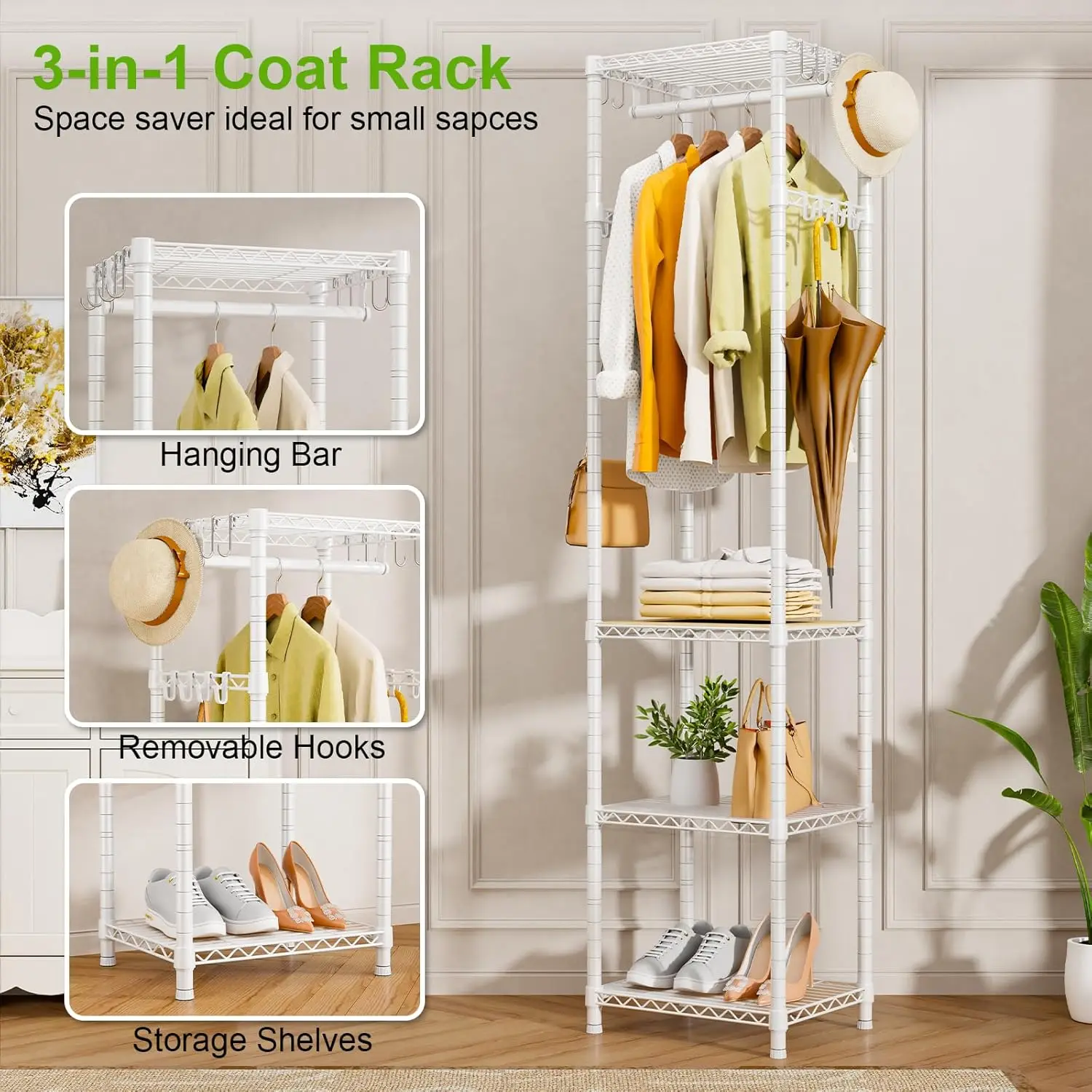 

R1 Coat Rack Freestanding, Hall Tree With 4 Storage Shelves And 16 Hooks, Coat Rack Stand With Shelves, Small Clothes Rack