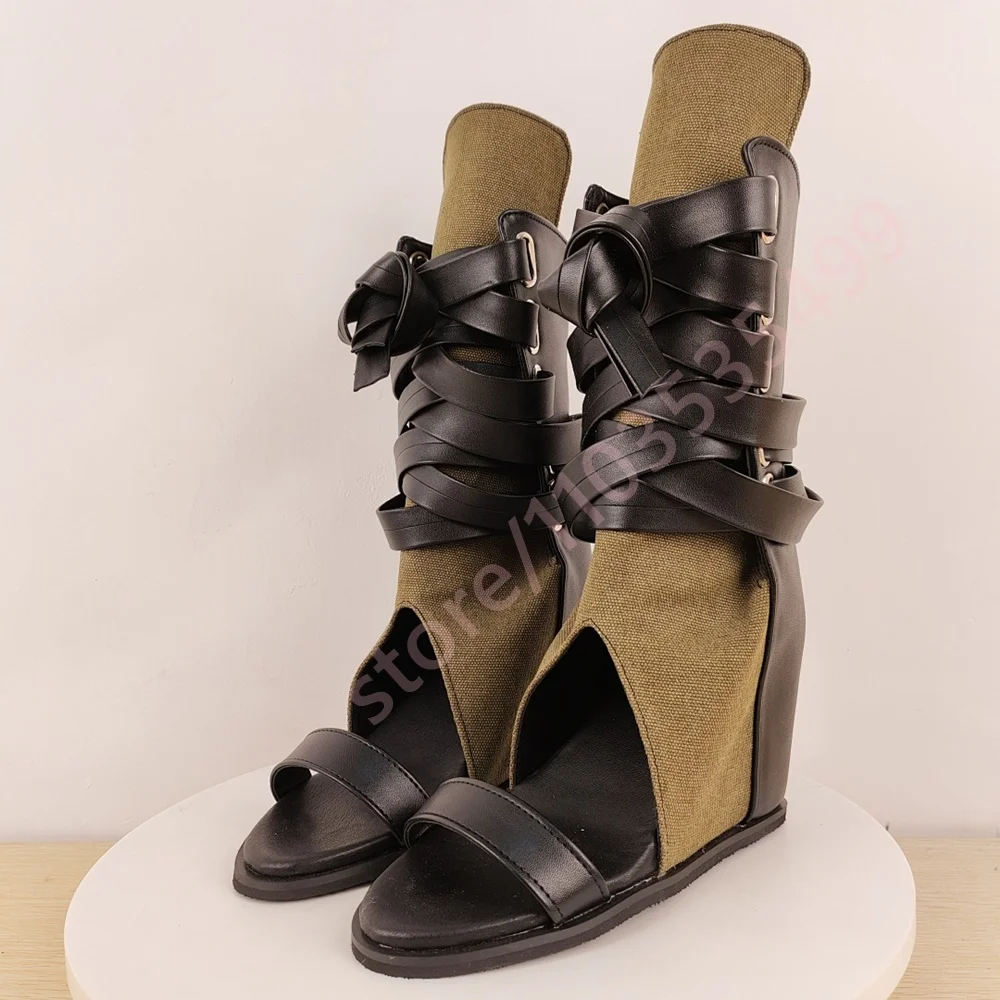 

Ботинки на танкетке с открытым носком из лоскутной ткани на шнуровке, осень 2023, сексуальная подиумная обувь в уличном стиле, модные женские вечерние повседневные ботинки