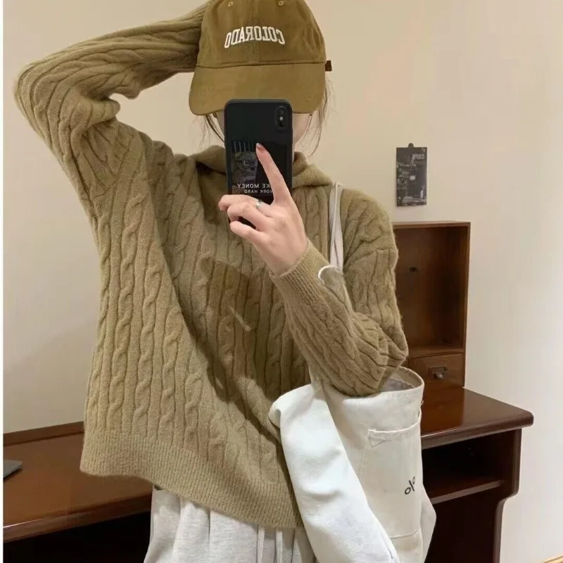 women sweater 2025 Autumn Winter New Women's Cable Knit Hoodie Retro Lazy Loose Fit Soft Cozy Trendy Knit Sweater
