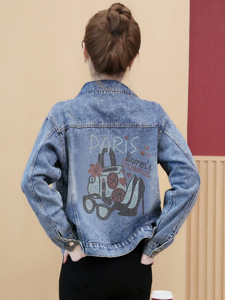 Printemps automne 2025 ample coréen Sle Denim Jaet ort vêtements d'extérieur femmes minceur polyvalent strass à motifs Jaet