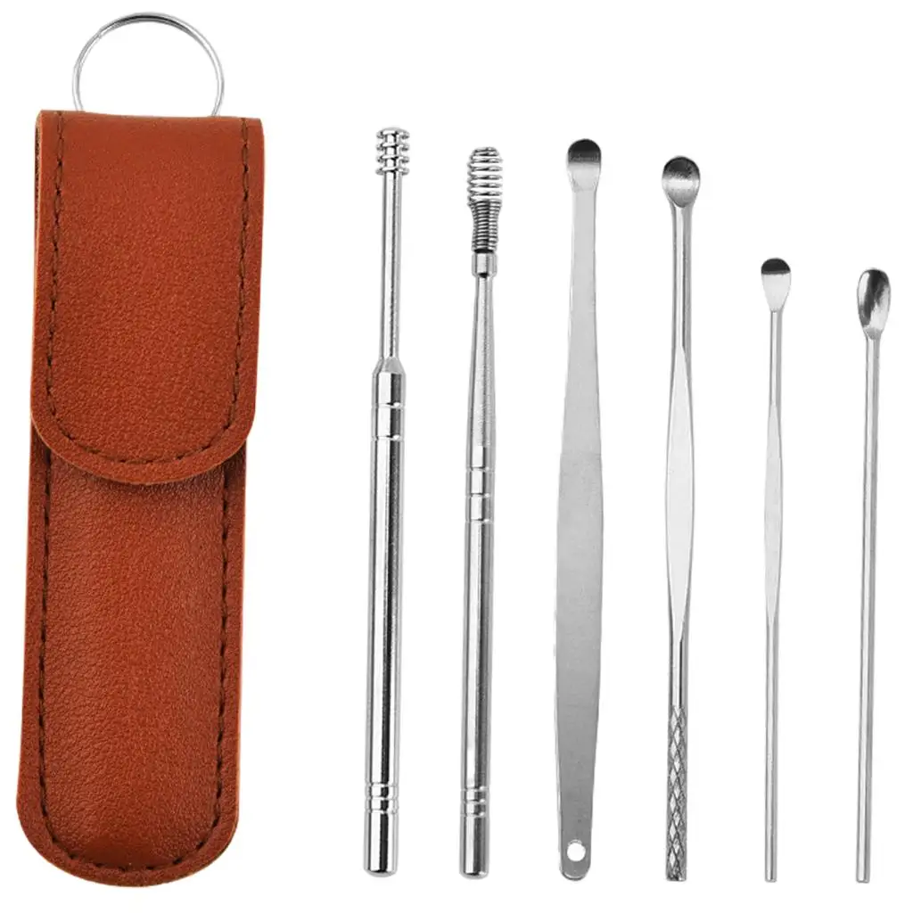6Pcs Wax Removal Tool Smooth Reusable Stainless Steel Earpick Sticks with Leather Bag Household - Brown