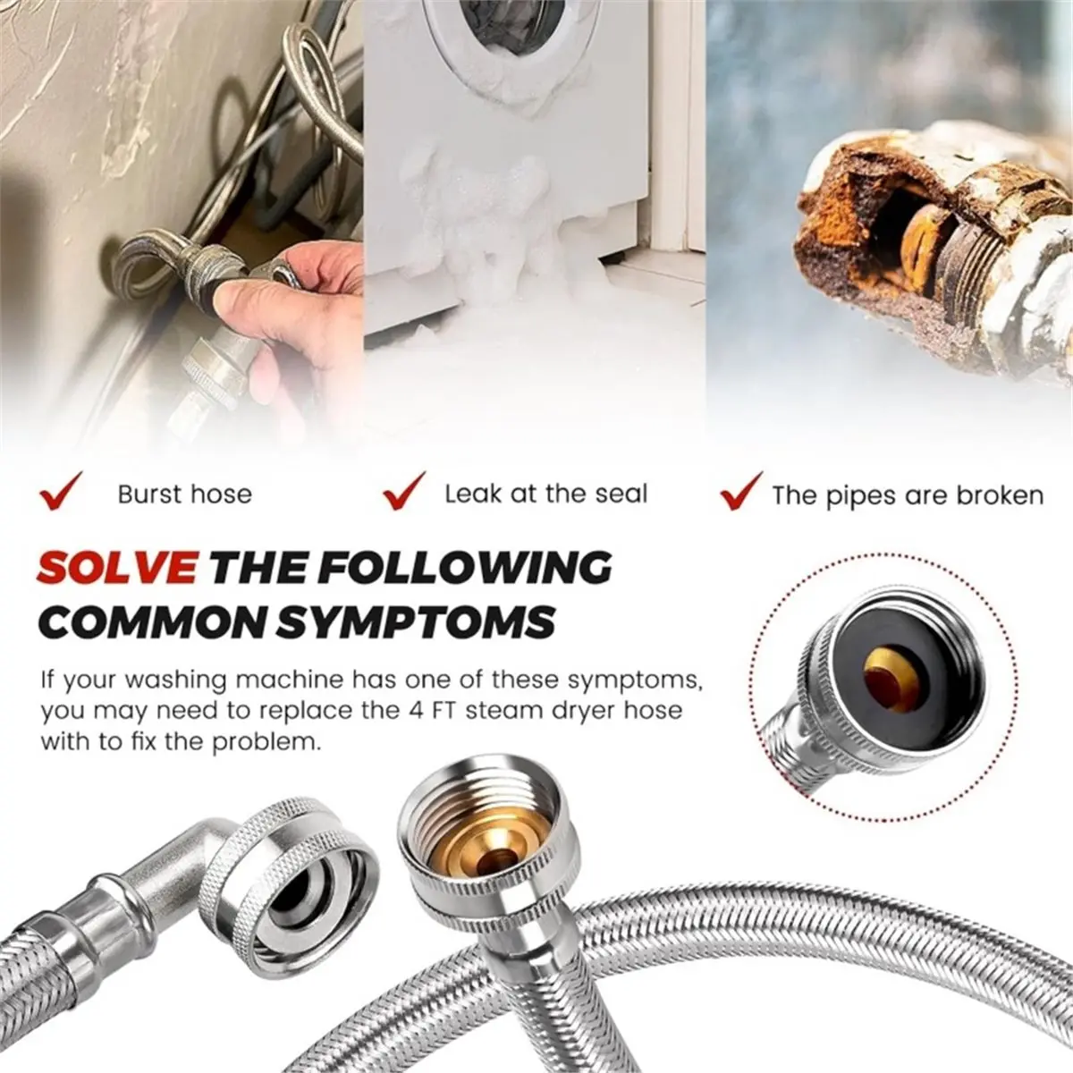 Stainless Steel Braided Water Heater Inlet Hose Kit (US Standard Threads), Including Tee Fitting and Sealing Washers.