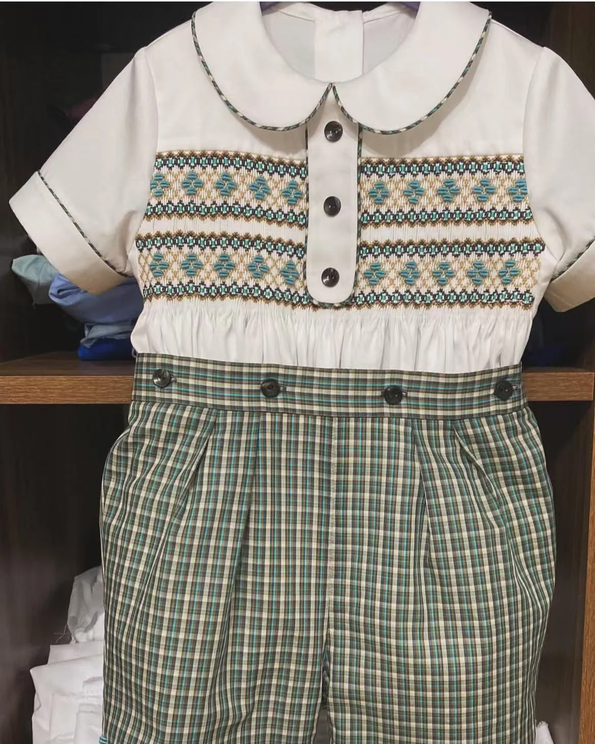 0-6Y Baby Boy Summer Short Sleeves Green Plaid Handmade Embroidery Smocked Outfit Suit for Party Birthday Holiday Christmas A116