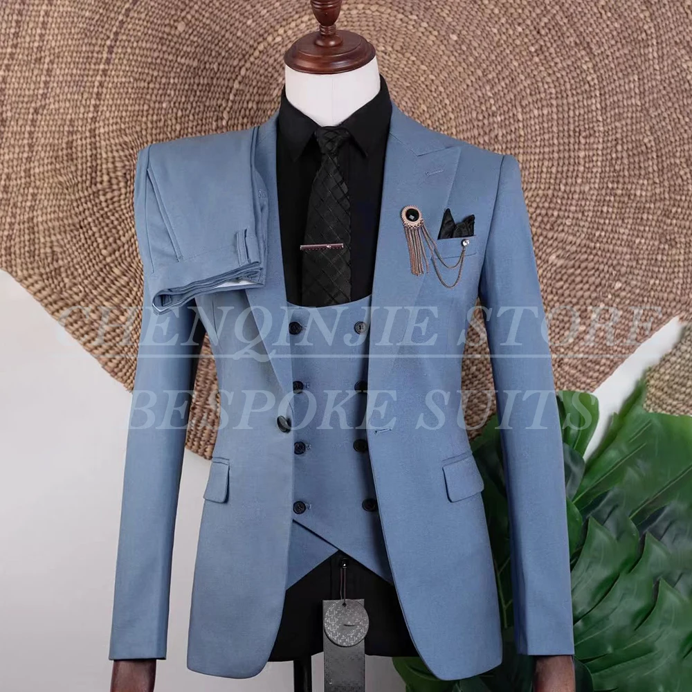

Slim Fit 3 Piece Jacket Pants Vest Solid Color One-Button Peak Lapel Blazer High Quality Wedding Men's Suits Blazer Costume