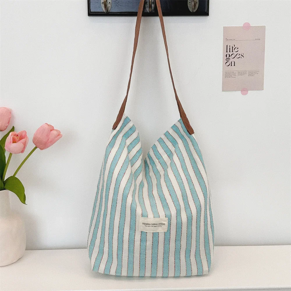 Simple Stripe Women\'s Canvas Shoulder Bag Large Capacity Female Commute Shopping Bags College Girls Book Tote Vest Handbags